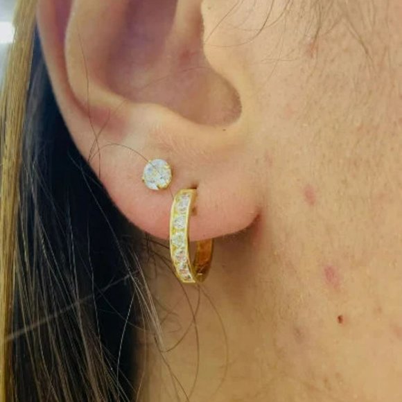 CZ Stud & Huggies Hoop Earrings Double Earrings for Women's Men's 14K Solid Gold - Picture 2 of 5